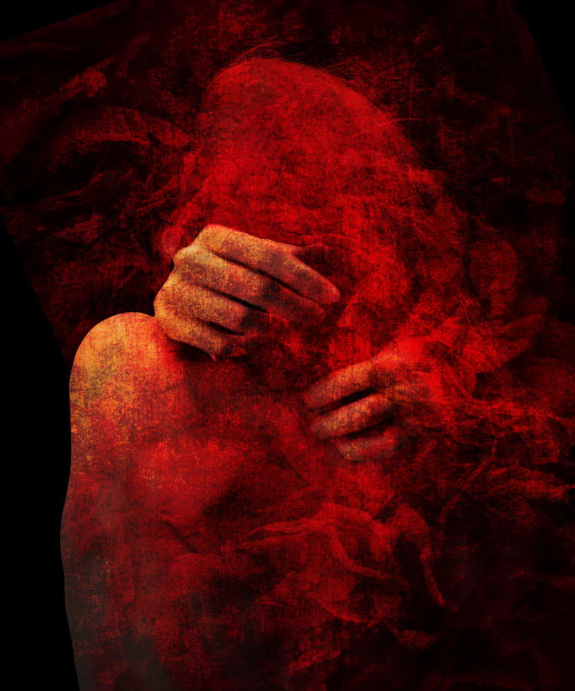 A red and black photo depicting the back ofa woman, emphasizing her silhouette and expression against a dramatic background.